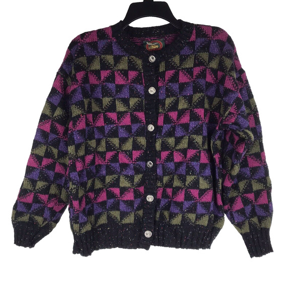 ALPS Fine Womens Apparel Cardigan Sweater Buttons Black Purple Green Pink Medium - Picture 1 of 5